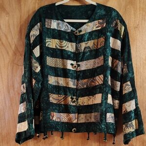 Artsy Handmade Patchwork Jacket Green Gold Asian-Inspired Boxy 2X-3X (See Meas.)
